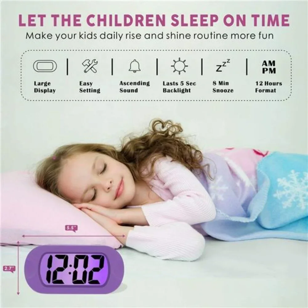 kids digital alarm clock with snooze night light travel bedside desk clock purpl